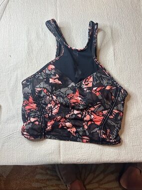 lululemon athletica Black and Coral Floral High-Neck Sports Bra